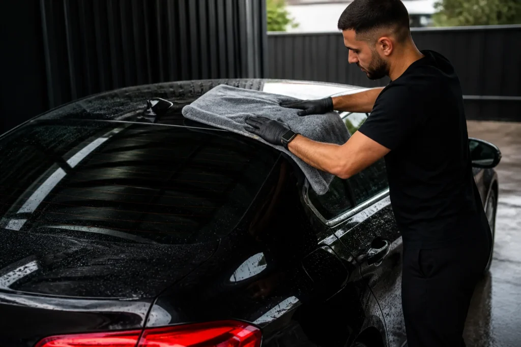 Secado de un coche negro a la sombra con una toalla de microfibra limpia