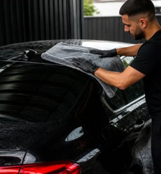 Secado de un coche negro a la sombra con una toalla de microfibra limpia