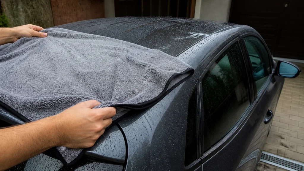 Toalla de microfibra secando el techo mojado de un coche