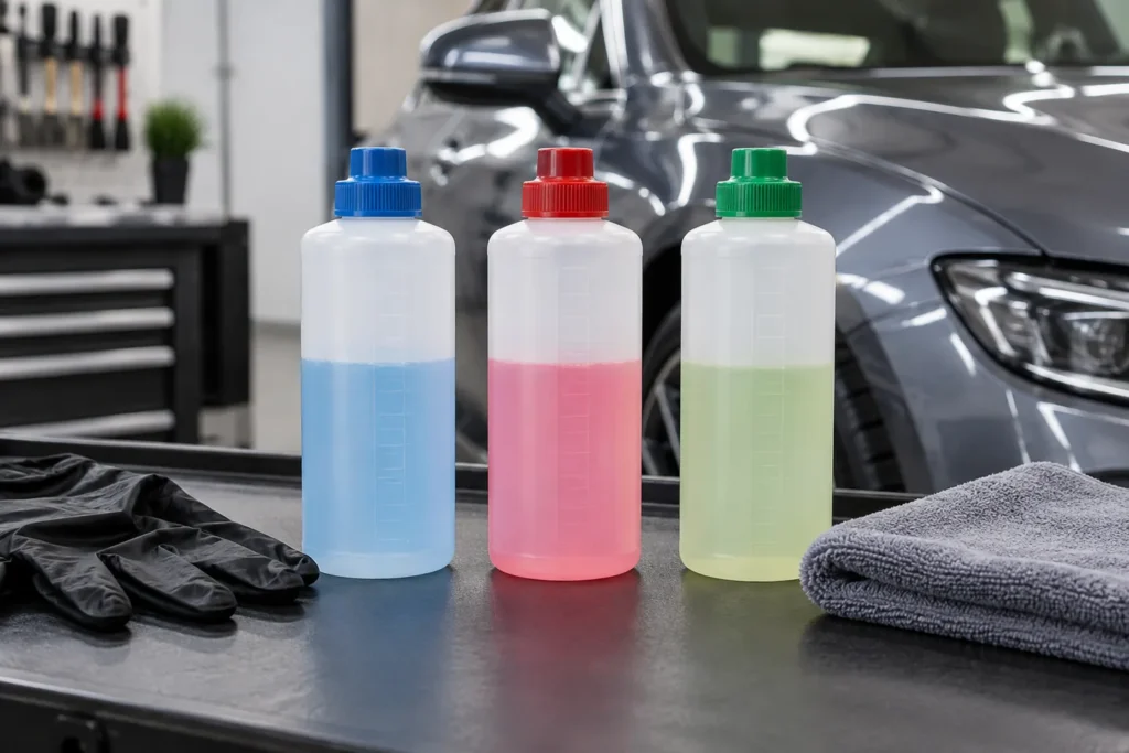 Botella graduada sin marca para preparar una dilución de detailing
