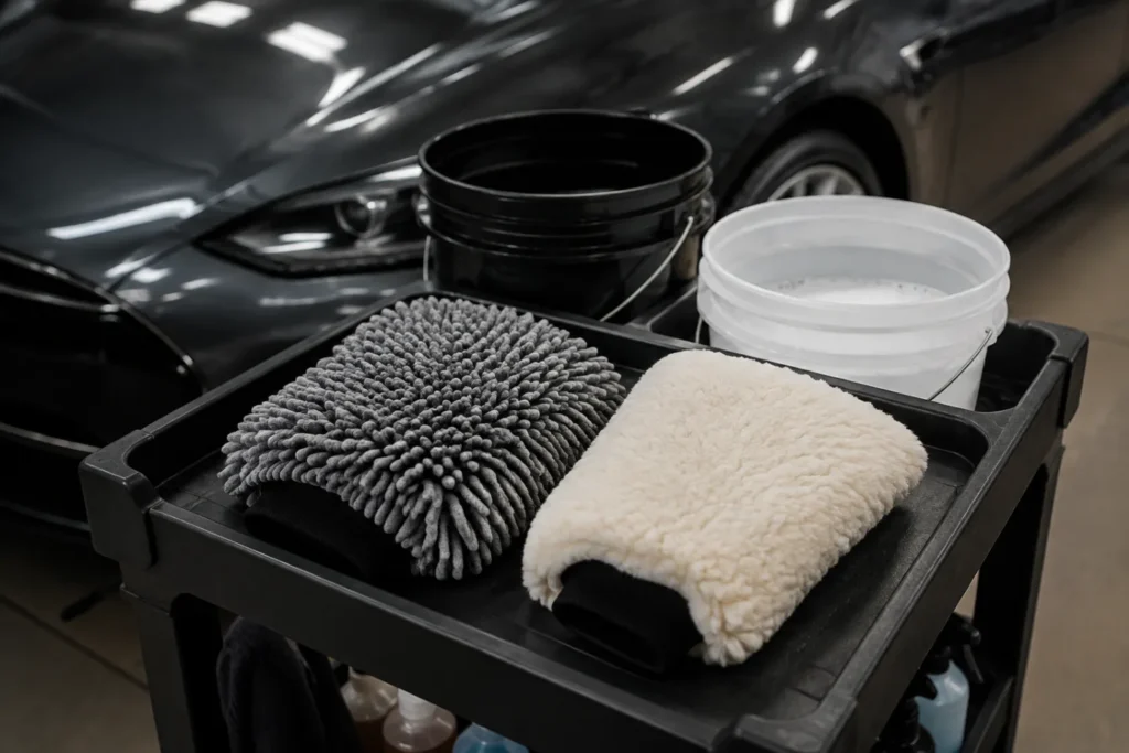 Guantes de lavado de microfibra y lana en un carro de detailing