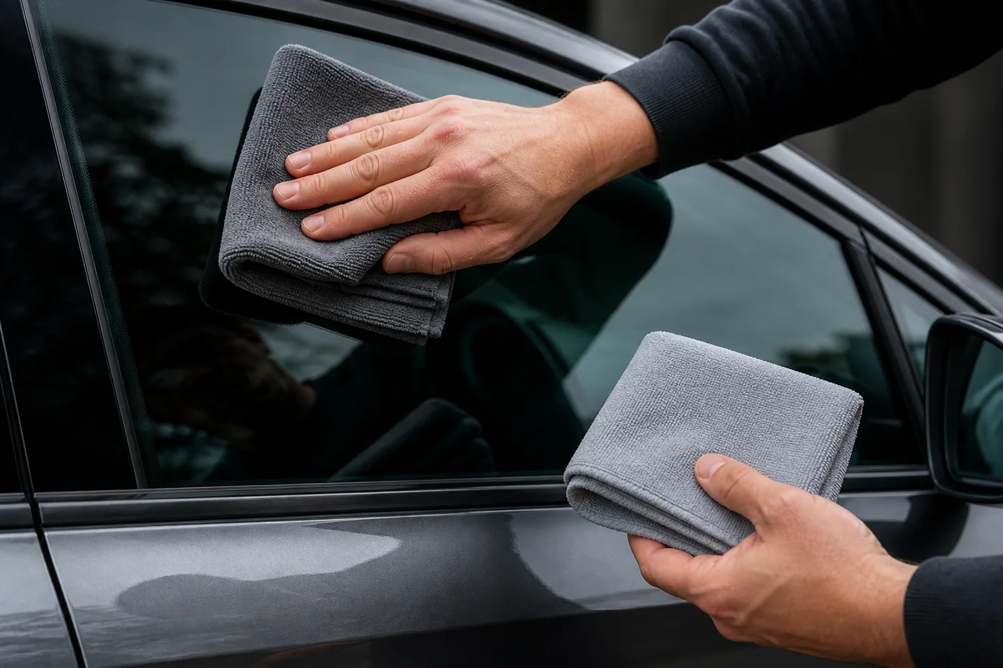 Microfibra plegada para limpiar y rematar un cristal del coche